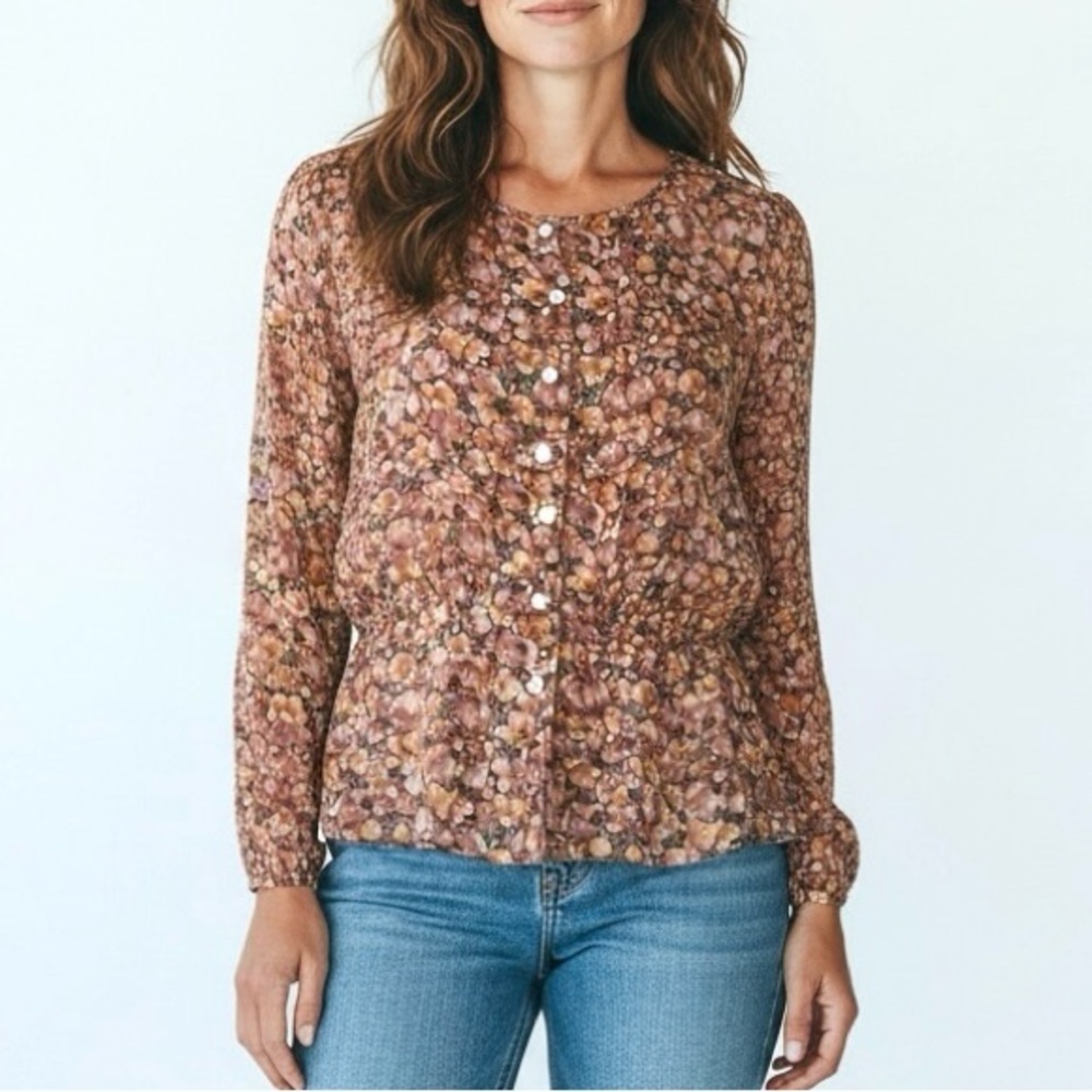 Calypso St. Barth Floral Silk Button Front Long Sleeve Blouse Size M